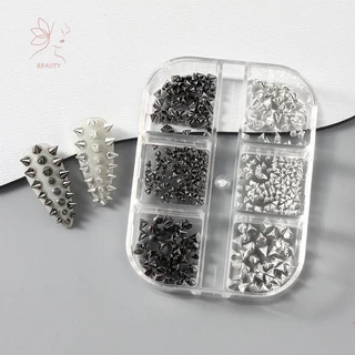 [maybeauty] 6 กริด Y2K Punk โลหะ Rivet เล็บ Charms กรวยผสม Sized สีดําเงินเล็บ Studs 3D สไตล์โลหะผสม Spike สําหรับ DIY เล็บตกแต่ง {TH}
