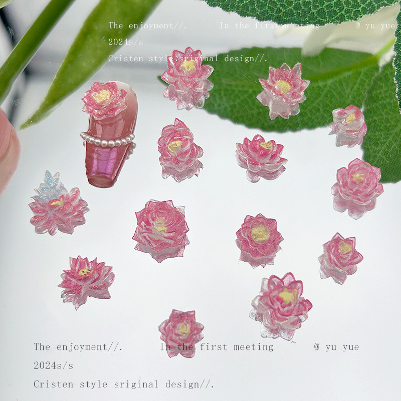ใหม่ดอกบัวสีชมพูแต่งเล็บเครื่องประดับเพชรการพิมพ์สามมิติดอกไม้ด้านล่างแบนโลตัสหวานเรซิ่นวัสดุแต่งเล็บผสม