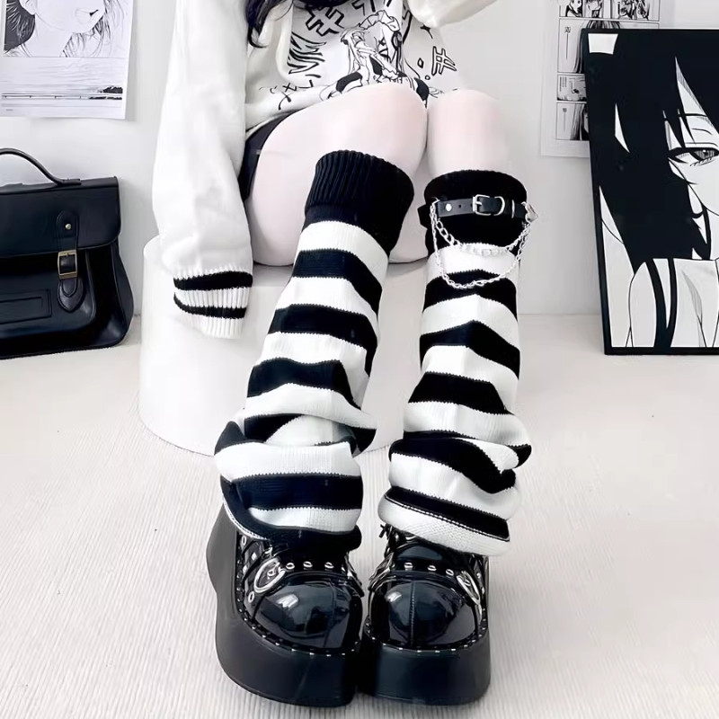 รักโซ่หนังหัวเข็มขัดถักถุงเท้าขากว้างสําหรับผู้หญิง ย2เค วัฒนธรรมย่อยขาบานชุดสีขาวบุคลิกภาพขาแหวนซ้อนกลางหลอดถุ - รูปที่ 3