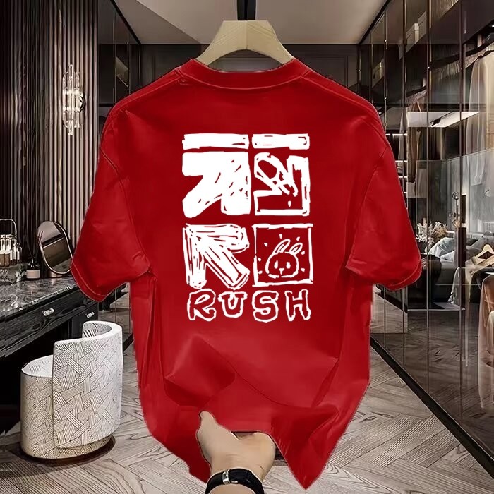 เสื้อยืดคอกลม แขนสั้น oversize t-shirt เสื้อแฟชั่นเมกา  สตรีทแฟชั่น สีแดง-สีดำ พิมพ์ลาย เสื้อเท่ๆ ผ้านุ่มใส่สบาย