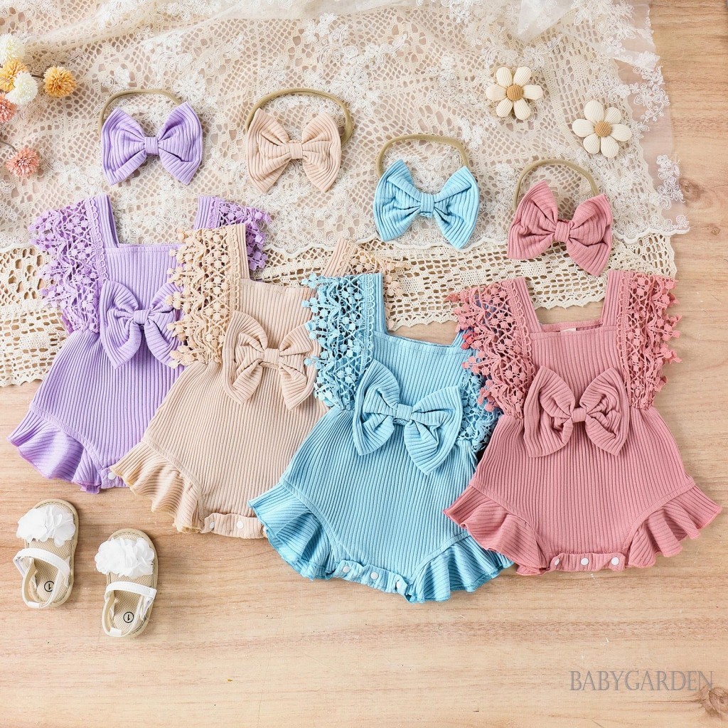 Baga- ชุดรอมเปอร์ คอกลม แขนลูกไม้ พร้อมที่คาดผม แต่งระบาย แฟชั่นฤดูร้อน สําหรับเด็กผู้หญิง