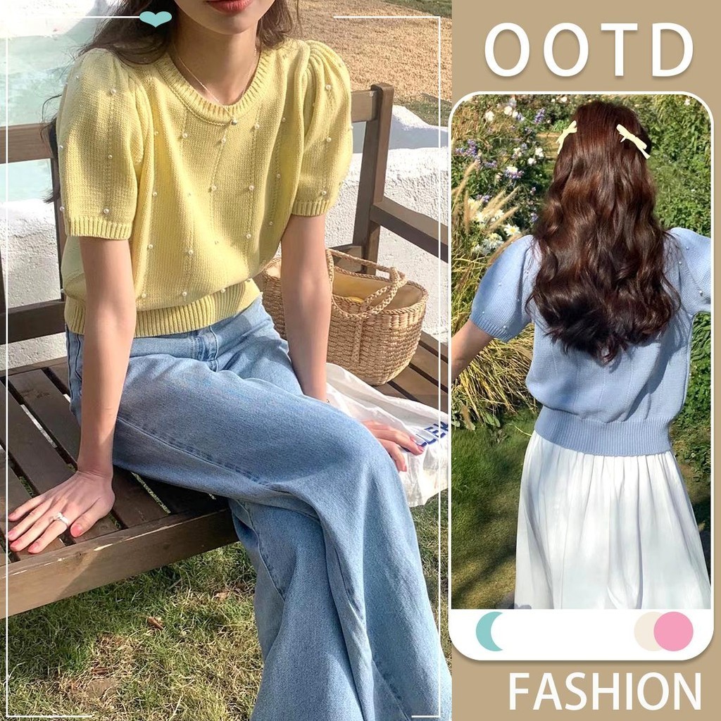 mimi&didi.เสื้อไหมพรมครอปสวย เสื้อแขนสั้นเกาหลีแขนพัฟมุกสุดชิค#6473