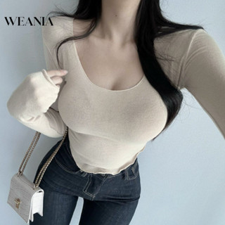 Weania เสื้อยืดครอป ซีทรู คอยู รัดรูป เซ็กซี่