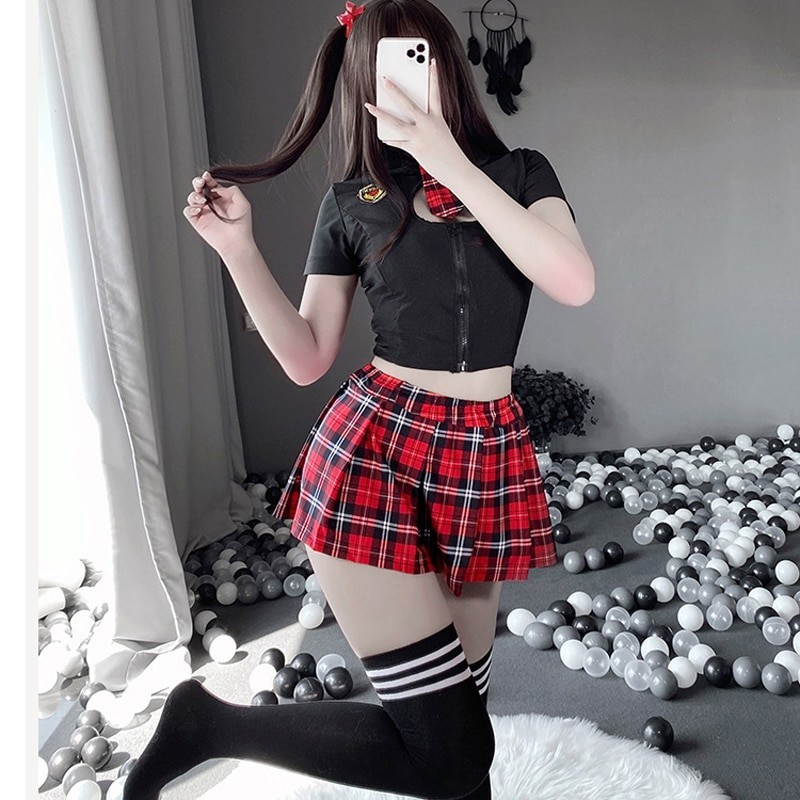 SX Porn Uniform Lingerie Sexy Set JK Cosplay Tartan Japanese Schoolgirl Embroidery Pleated Role Playing Costume With Pla