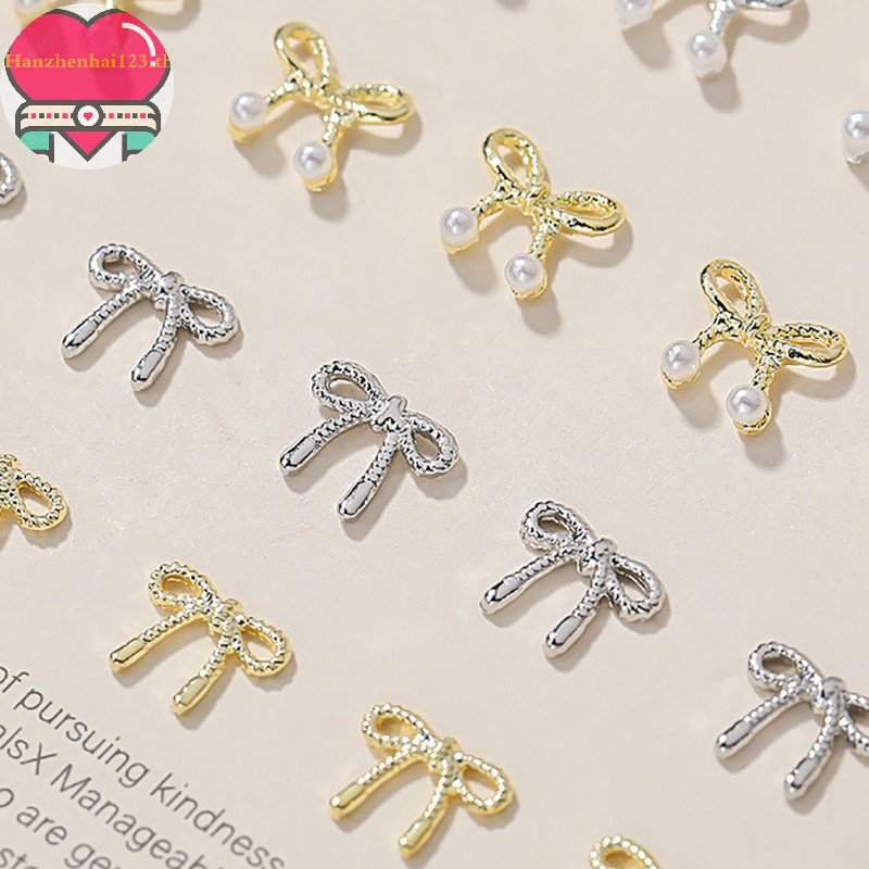 Hanhai พลอยเทียม โลหะ รูปโบว์ 3D สีเงิน สีทอง สําหรับตกแต่งเล็บ DIY 10 ชิ้น