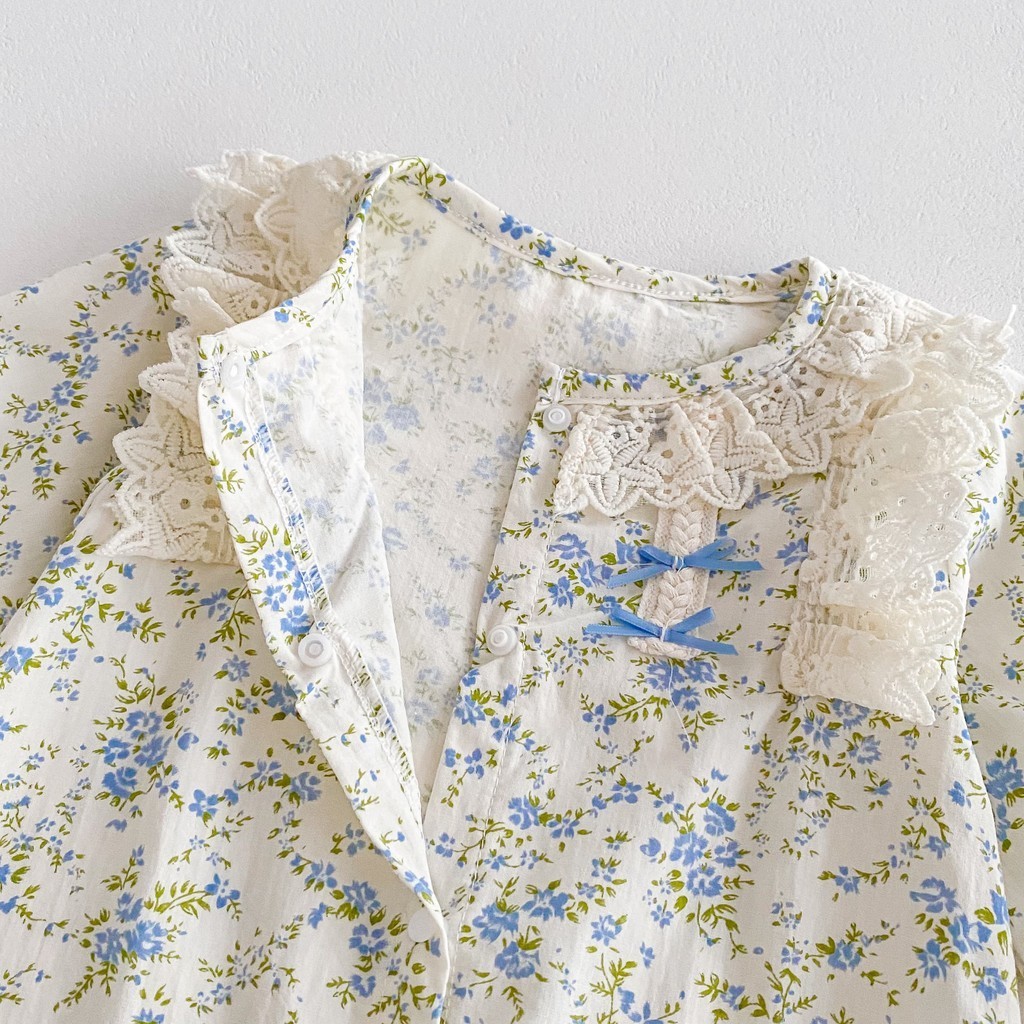 【Gift A Hat】Baby Girl Romper บางแขนยาว Jumpsuit Blue Floral Fragments หวานเสื้อผ้าเด็ก 0-24 เดือน - รูปที่ 3