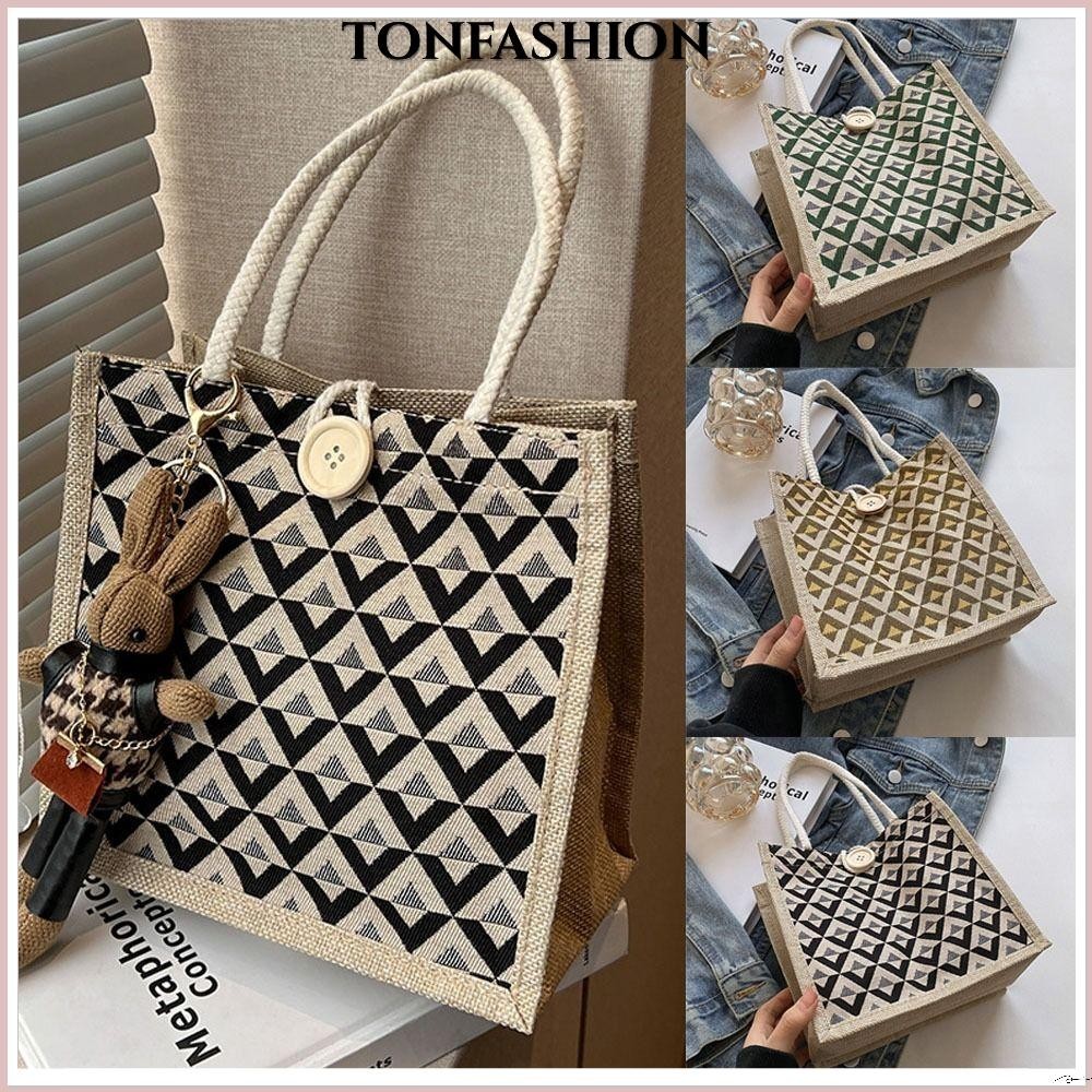 Tonfashion กระเป๋าถือ ผ้าแคนวาส ผ้าลินิน ความจุขนาดใหญ่ แบบพกพา ใช้ซ้ําได้ พร้อมกระดุม สําหรับผู้หญิง ปิกนิก อาหารเช้า