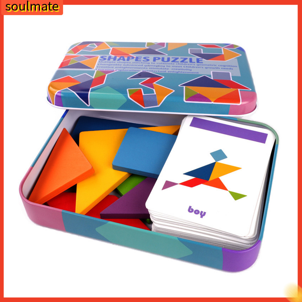 โซลเมต|  จิ๊กซอว์ไม้ปริศนา รูปแทนแกรม หลากสี ของเล่นเสริมการเรียนรู้ สําหรับเด็กนักเรียน 1 กล่อง
