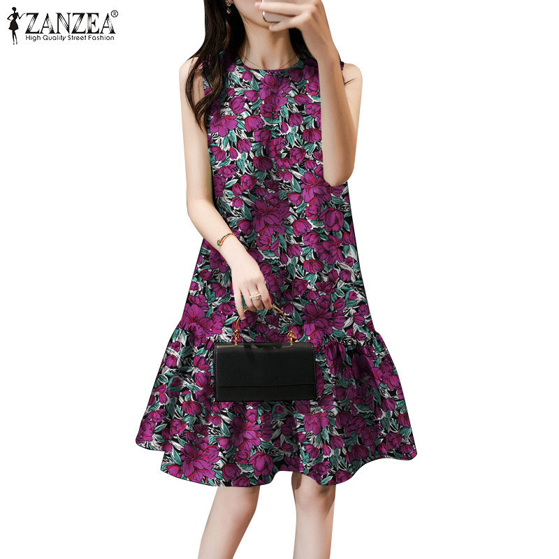 Zanzea ชุดเดรส คอกลม แขนกุด พิมพ์ลายดอกไม้ สไตล์เกาหลี สําหรับผู้หญิง