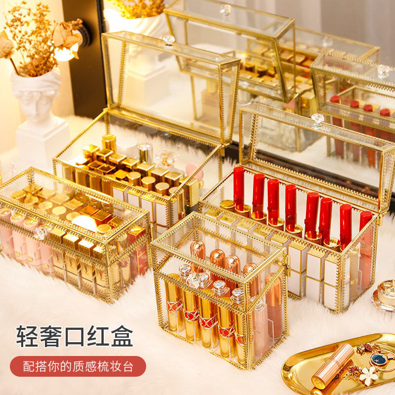 กล่องเก็บลิปสติกแก้วคุณภาพสูงป้องกันฝุ่นเดสก์ท็อปโปร่งใสเครื่องสําอางออแกไนเซอร์ อิน โปร่งใสขาตั้งจอ