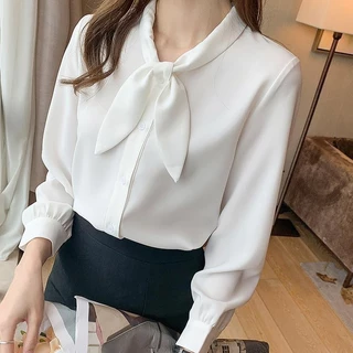 จัดส่งจากประเทศไทย เสื้อเชิ้ตเกาหลีหญิงสีฟ้า สวยๆ ผูกโบว์