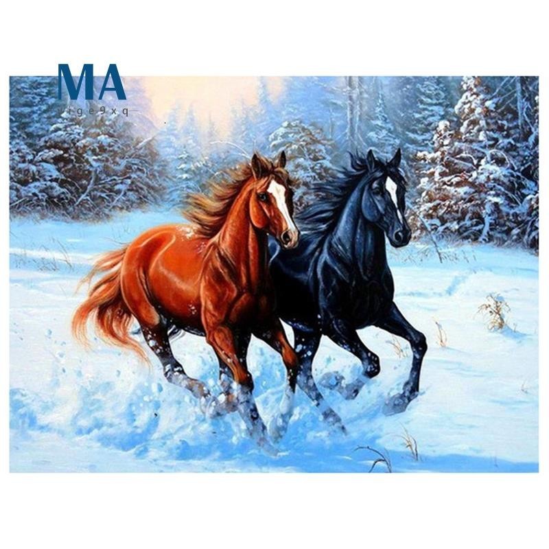【Mayige9xq】ภาพวาดปักเพชร ทรงกลม ลายสัตว์ ม้าสองตัว Diy