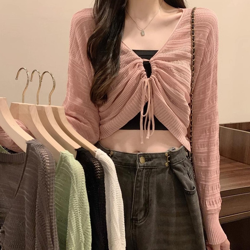 KOKO 4911 เสื้อครอปแฟชั่นผู้หญิง เสื้อคาร์ดิแกนกันแดดมีเชือกผูกกลวง ใส่ได้ทั้งหน้าและหลัง 5สี