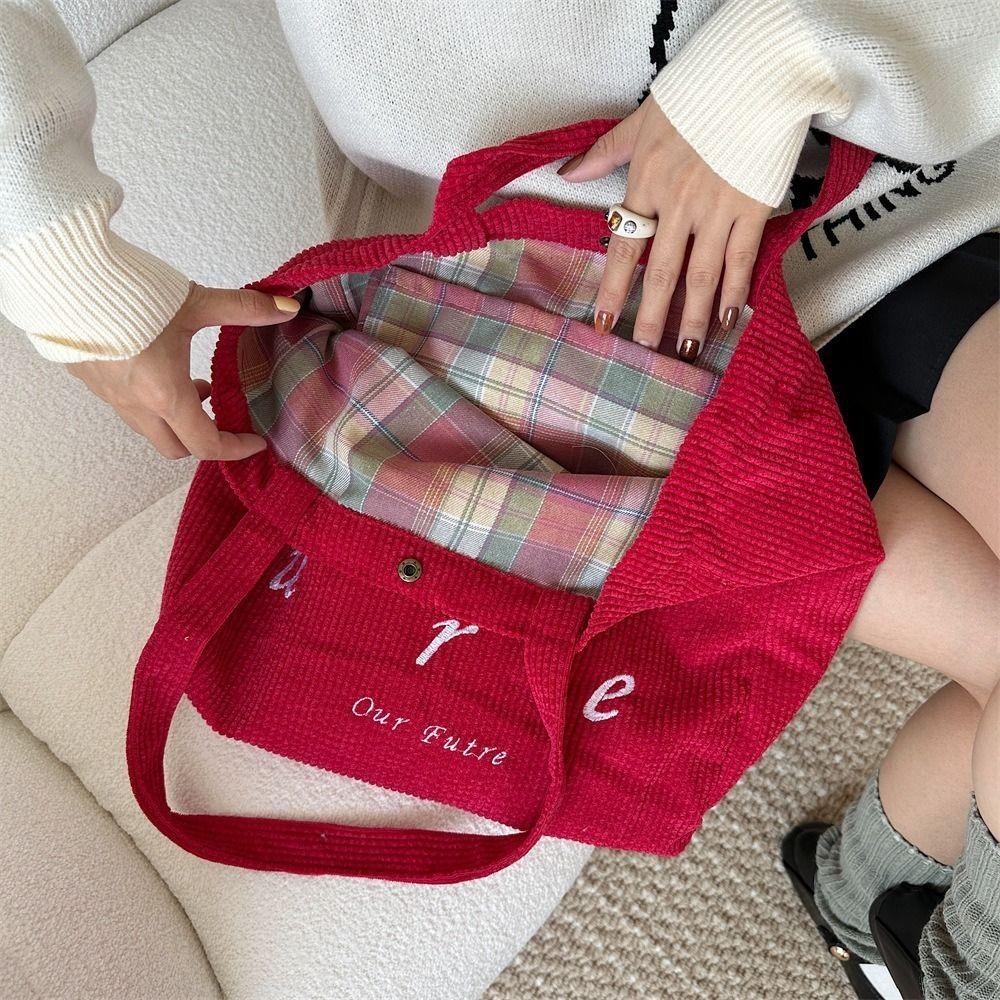 DSLONG กระเป๋าสะพาย, Corduroy ปักกระเป๋าถือความจุขนาดใหญ่, Fashion Letter Shopping Tote Bag Women