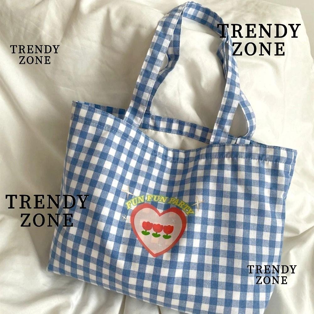 Trendyzone กระเป๋าถือ กระเป๋านักเรียน ลายสก๊อต ดอกทิวลิป สีชมพู สีฟ้า