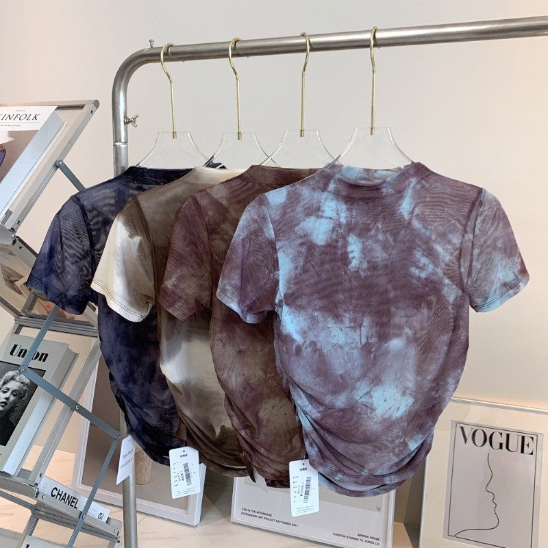【YOGATRUTH】เสื้อกีฬาแขนสั้น คอสูง ผ้าตาข่าย จับจีบ สําหรับเล่นโยคะ