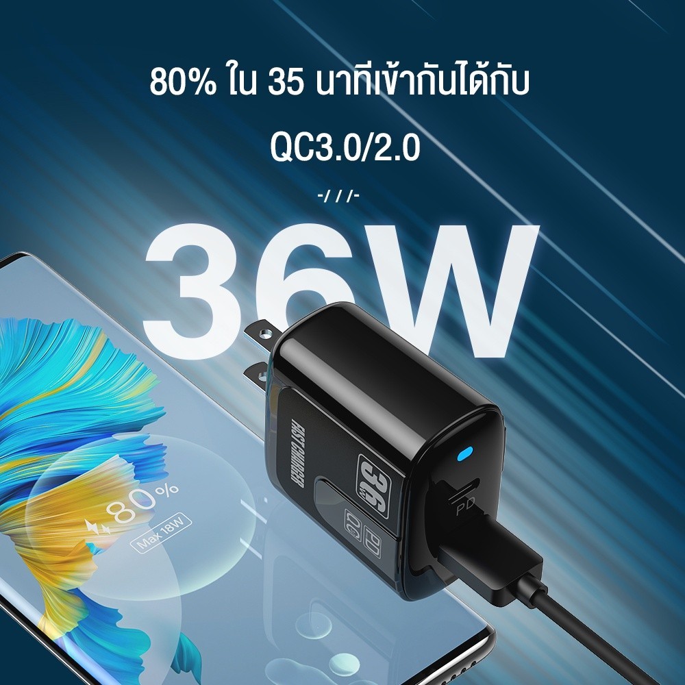 สายเคเบิล KIVEE หัวชาร์จเร็ว 36W/30W หัวชาร์จ PD3.0 QC4.0 Adapter Type C+USB-A for Samsung HUAWEI Xiaomi Fast Charger