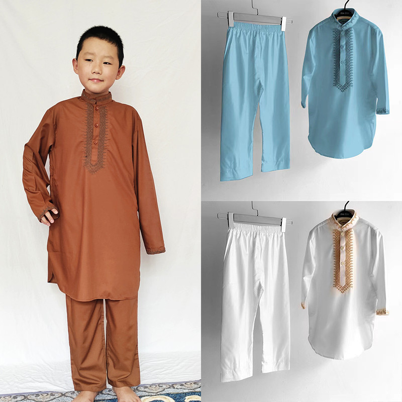 เสื้อคลุมชาวอาหรับซาอุดิอาระเบีย เสื้อผ้ามุสลิม เด็ก Qamis Boy Jubba Thobe ชุด 2 ชิ้น เสื้อผ้าอิสลาม ปักปาร์ตี้ Abaya Kaftan
