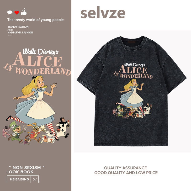SELVZE（จัดส่งตลอด 24 ชั่วโมง） Printed T-shirt，เจ้าหญิงน่ารักวินเทจพิมพ์เสื้อยืดแขนสั้นล้างน้ำ Y0019