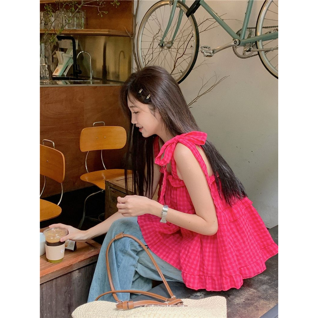 เสื้อสายเดี่ยว ผ้าถัก ประดับโบว์ ลายมังกร ผลไม้ เหมาะกับฤดูร้อน สําหรับผู้หญิง XYG5