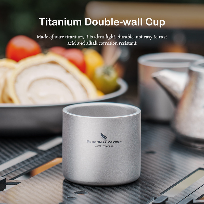 Boundless Voyage แก้วกาแฟไทเทเนียม สองชั้น แบบพกพา น้ําหนักเบา 75 มล. สําหรับตั้งแคมป์ น้ําร้อน น้ําเย็น