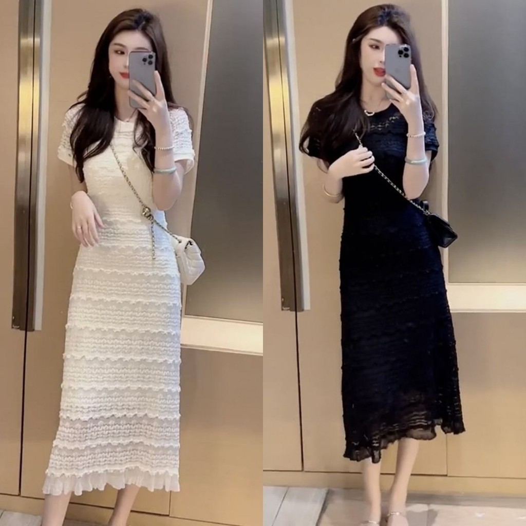 ชุดเดรสกระโปรงยาว แขนสั้น ปักลายลูกไม้ สวยงาม สไตล์ตะวันตก สําหรับสตรี