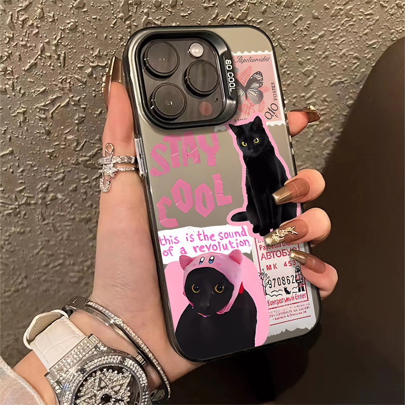 เคสโทรศัพท์มือถือ ซิลิโคนแข็ง กันกระแทก กันรอยกล้อง ลายแมวดําน่ารัก สําหรับ Iphone XSMAX 7 8 SE(2020) 15 12 11 13 14 Plus Pro Max X XS XR