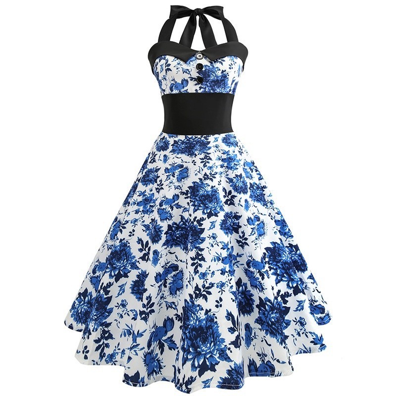 Retro Elegant Party Dress Halter คอ A-Line กระโปรงสุภาพสตรี Retro Elegant Party Dress