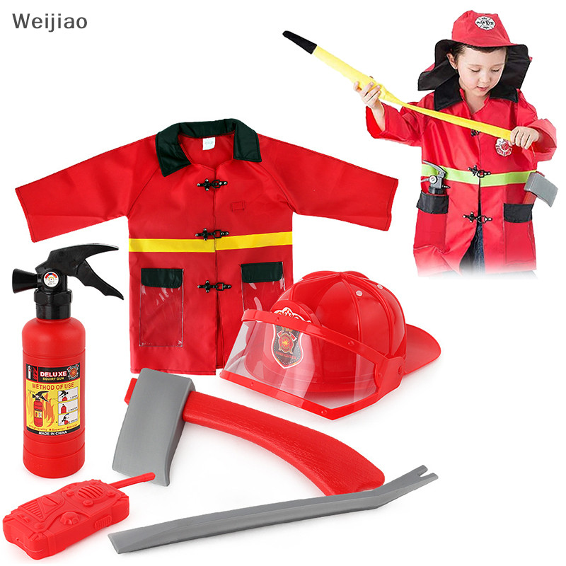 Weijiao % เด็กนักผจญเพลิงเครื่องแต่งกายเครื่องมือเครื่องแต่งกายเล่นสูท Fireman Dress Up ชุดหมวก Fire Exguisher Party ของขวัญวันเกิดชายหาดน้ํา TH