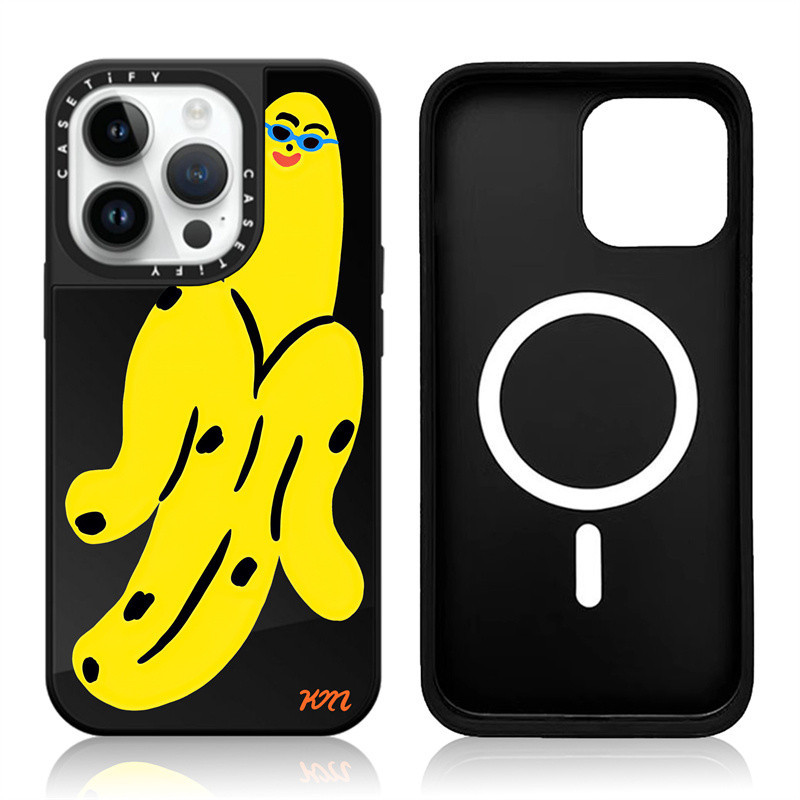 Casetify X Cool Banana โดย Kristina Micotti แม่เหล็กดูดกระจกสีดําด้านปลอกสีดํา Apple IPhone 15 14 13 12 Pro Max เคสหลังแข็ง พร้อมกล่องโลโก้แกะสลัก