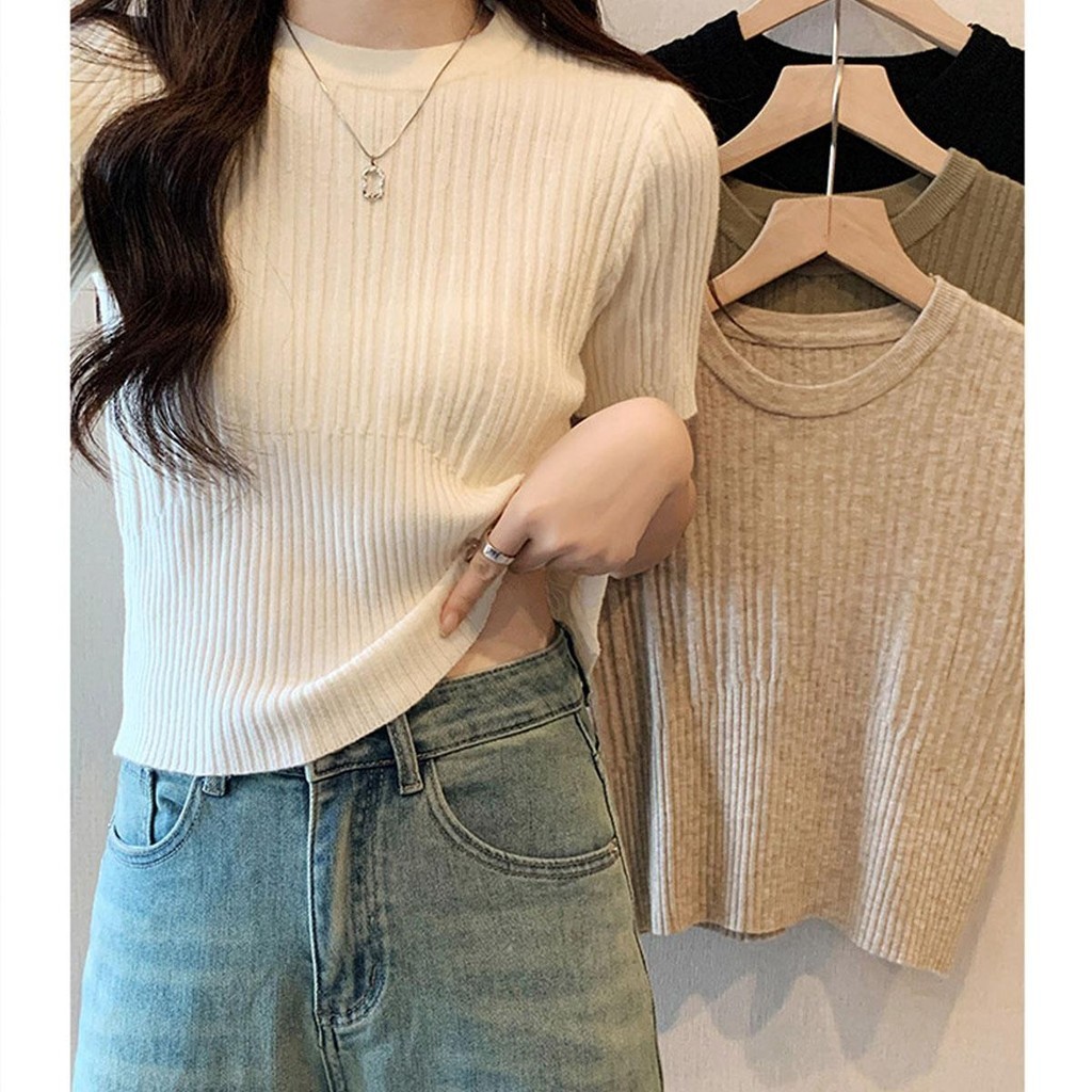 Dahong 1573 เสื้อไหมพรมแขนสั้นคอกลมทรงสวย เสื้อแฟชั่นผู้หญิงสีพื้น ผ้านิ่มใส่สบาย