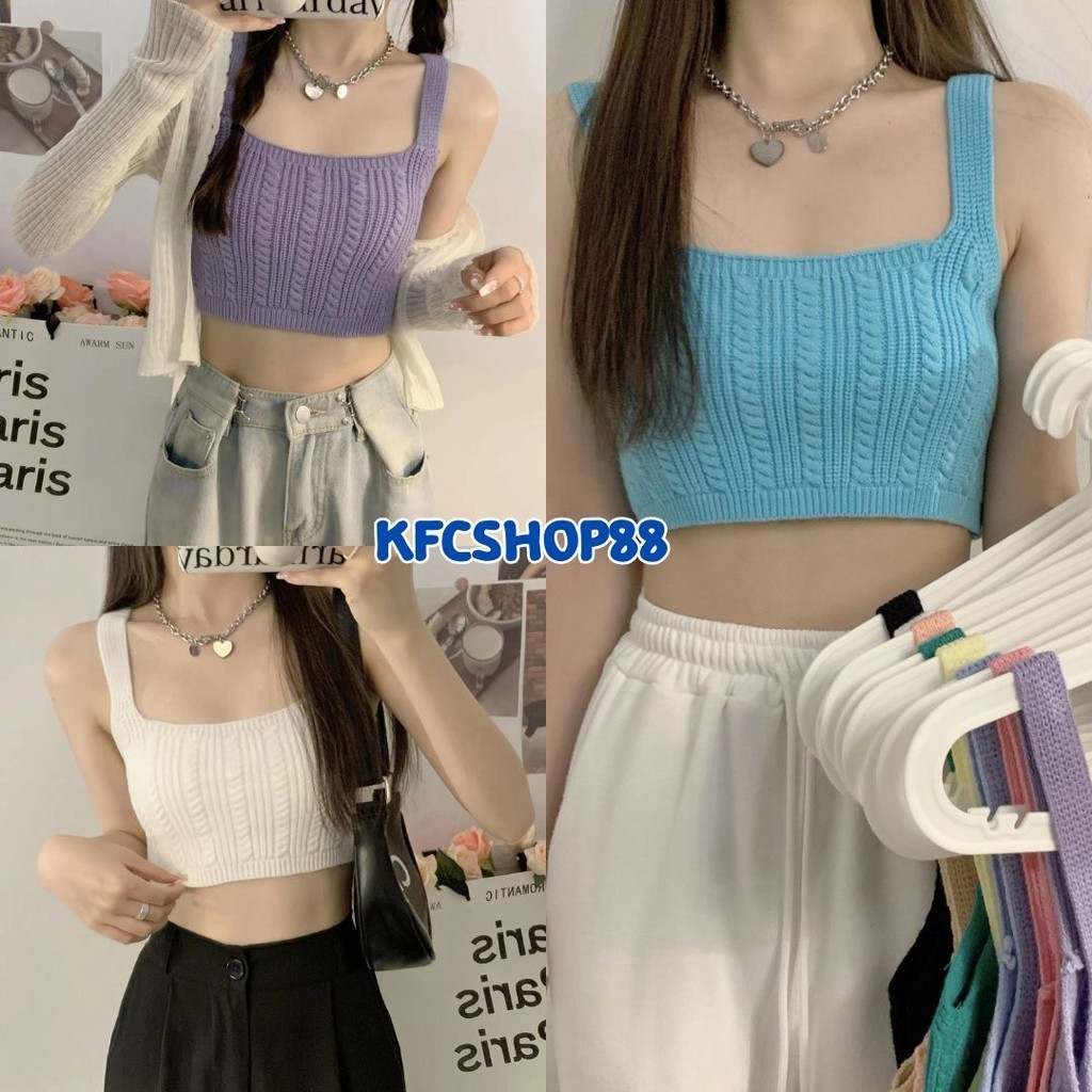 🔹พร้อมส่ง🔹 เสื้อครอปไหมพรมสายเดี่ยวทอลาย ผ้านิ่ม ใส่สบาย #H18