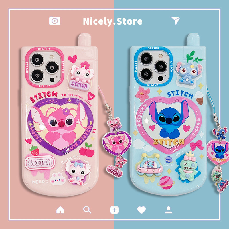 เคสโทรศัพท์มือถือ TPU กันกระแทก ลายการ์ตูน Stitch Love Heart 3D พร้อมกระจกแต่งหน้า พับได้ สําหรับ iPhone 15 14 13 12 Pro Max 11