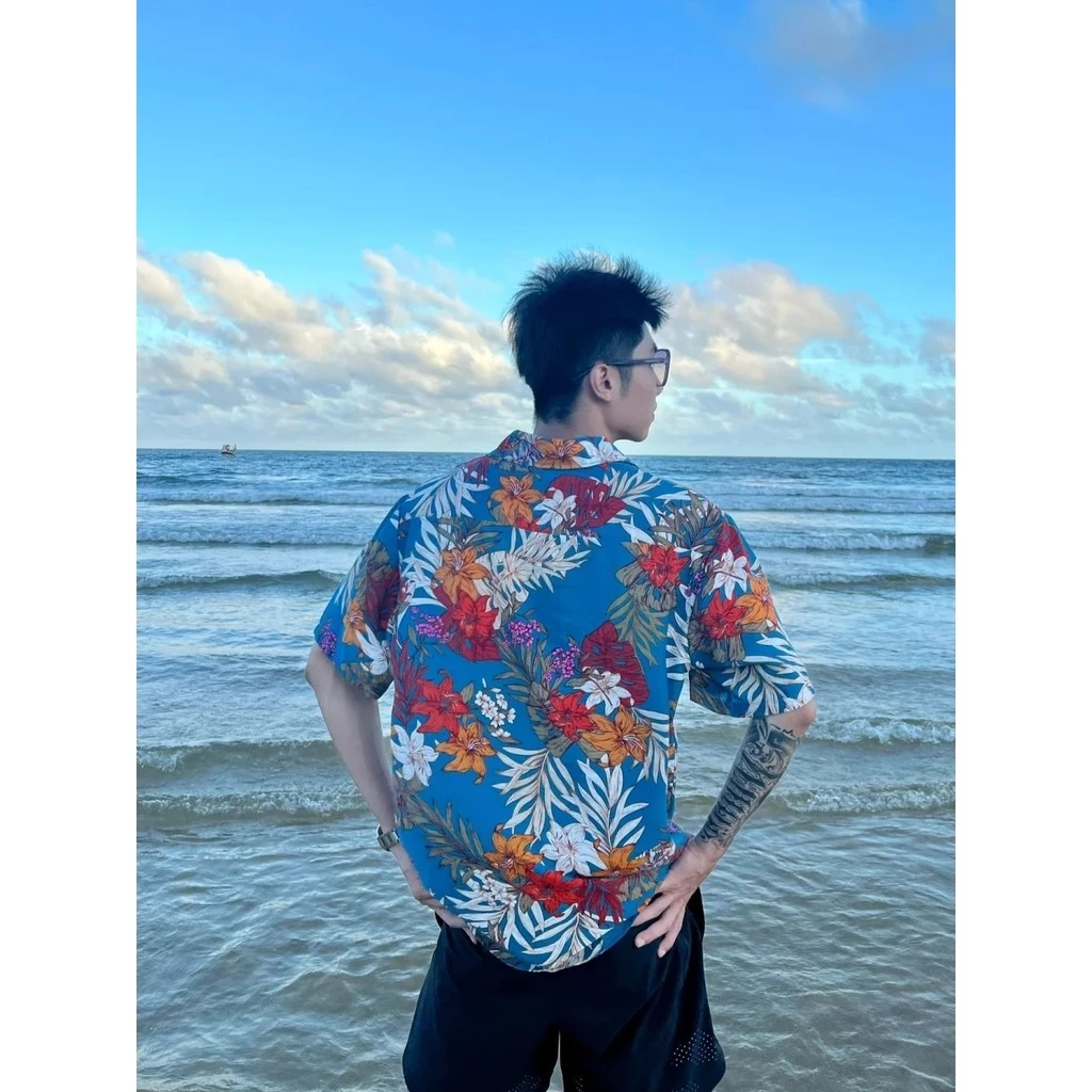 เสื้อฮาวายลายดอก ผู้ชาย แขนสั้น ผ้าไหมอิตาลี สีเขียว #305 thumbnail 7