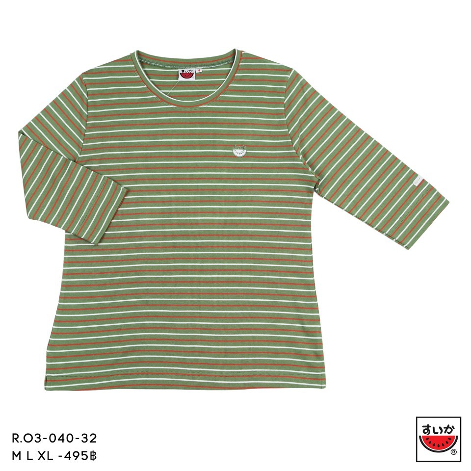 เสื้อแตงโม (SUIKA) - เสื้อแตงโม ริ้วคอกลมแขนสามส่วน ปักแตงโมตรงอก (R.O3-040) — صورة 5