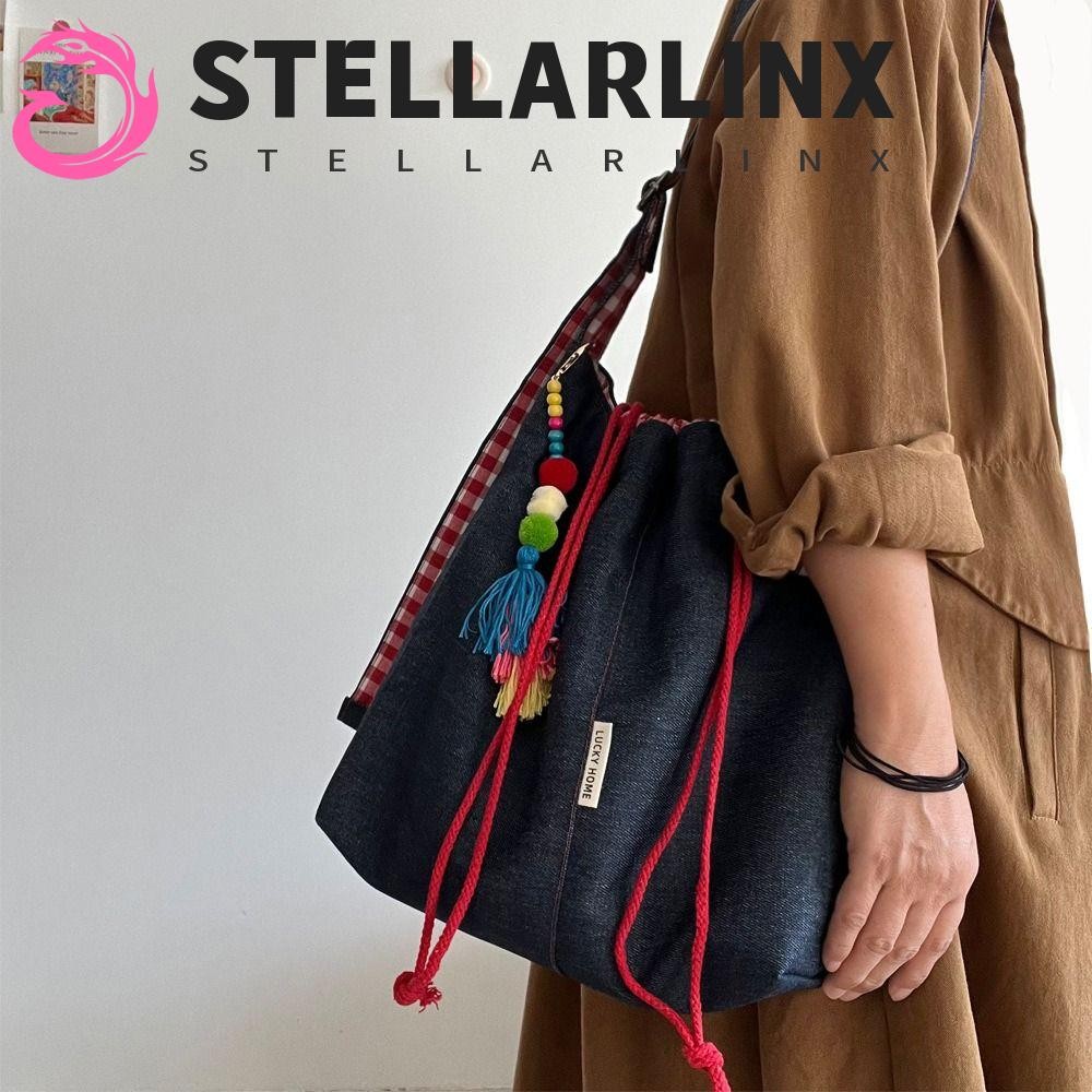Stellarlinx Drawstring Tote Bag, กระเป๋าสะพายผ้ายีนส์ลําลองความจุขนาดใหญ่, Simple Leisure All-match คาวบอยกระเป๋าผ้าใบลําลอง Streetwear