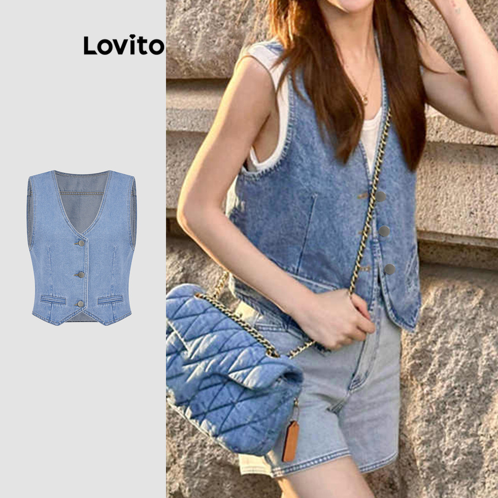 Lovito เสื้อยีนส์ฟอกสีเรียบๆ ทรงลำลองสำหรับผู้หญิง ไซส์ L L117ADD185