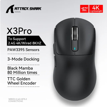 Attack Shark X3 Pro 4K/8K เมาส์ไร้สาย Tri-Mode 2.4G 5.2BT 26000DPI PAW3395 เมาส์สํานักงานเกม