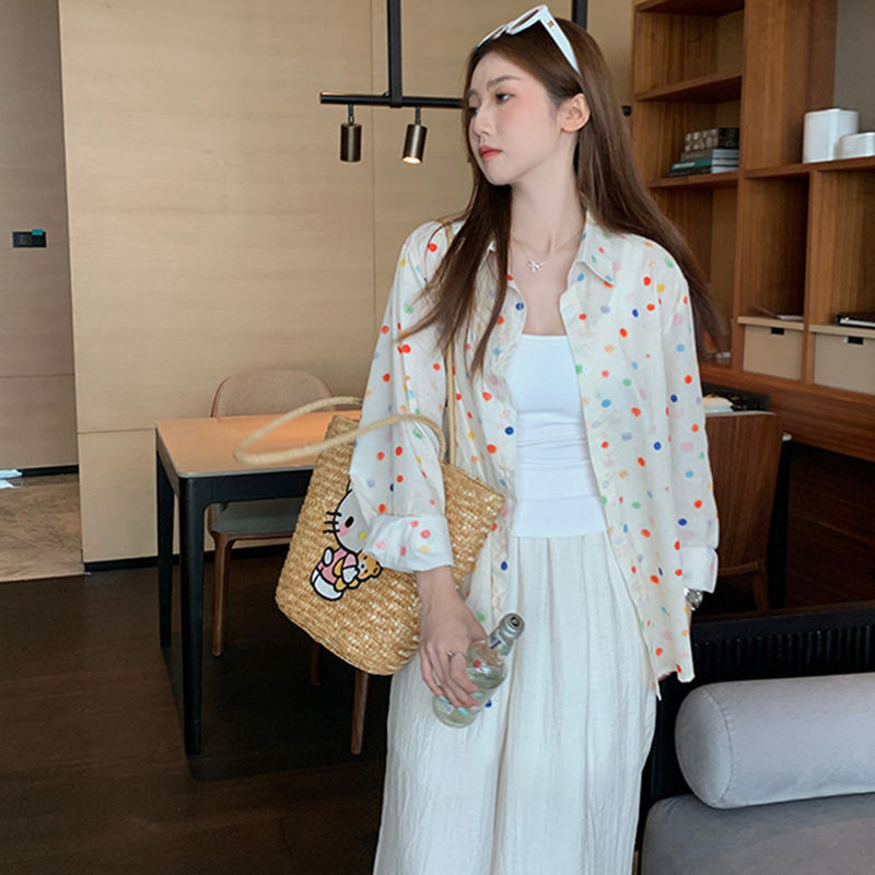 ชุดเสื้อเชิ้ตคอปกพับลายจุดสีสันสดใสสไตล์วินเทจสำหรับผู้หญิง ลดอายุ ใช้งานได้หลากหลาย น้ำหนักเบา กระช