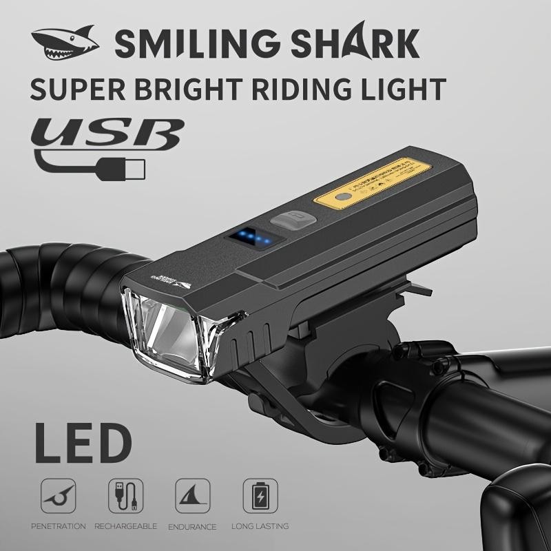 Smiling SHARK ไฟ LED จักรยาน Super Bright 5 โหมดควบคุมแสงอัจฉริยะ Anti-Glare USB Type-C ชาร์จทนทาน ABS สําหรับขี่กลางคืน