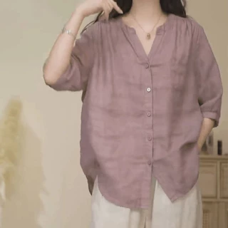 เสื้อเชิ้ตผ้าลินินลายทแยงคอวีสีทึบทรงหลวมไซส์ใหญ่สำหรับฤดูร้อนเสื้อเชิ้ตตัวเล็กสไตล์ตะวันตกแขนยาวห้าส่วนสำหรับผู้หญิง