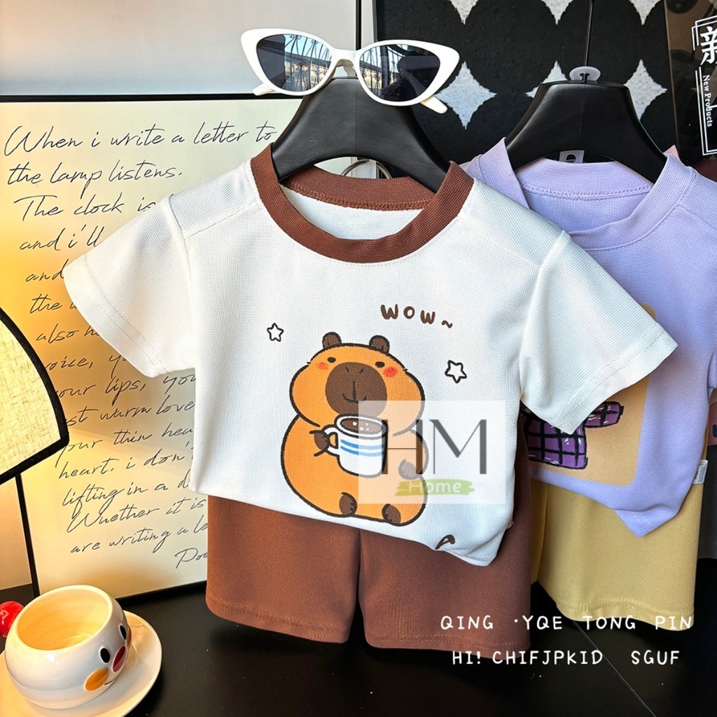 ชุดเด็ก เสื้อผ้าเด็กผ้าวาฟเฟิล พิมพ์ลายน่ารักๆ เซท2ชิ้น เสื้อแขนสั้น+กางเกงขาสั้น แฟชั่นน่าร้อน