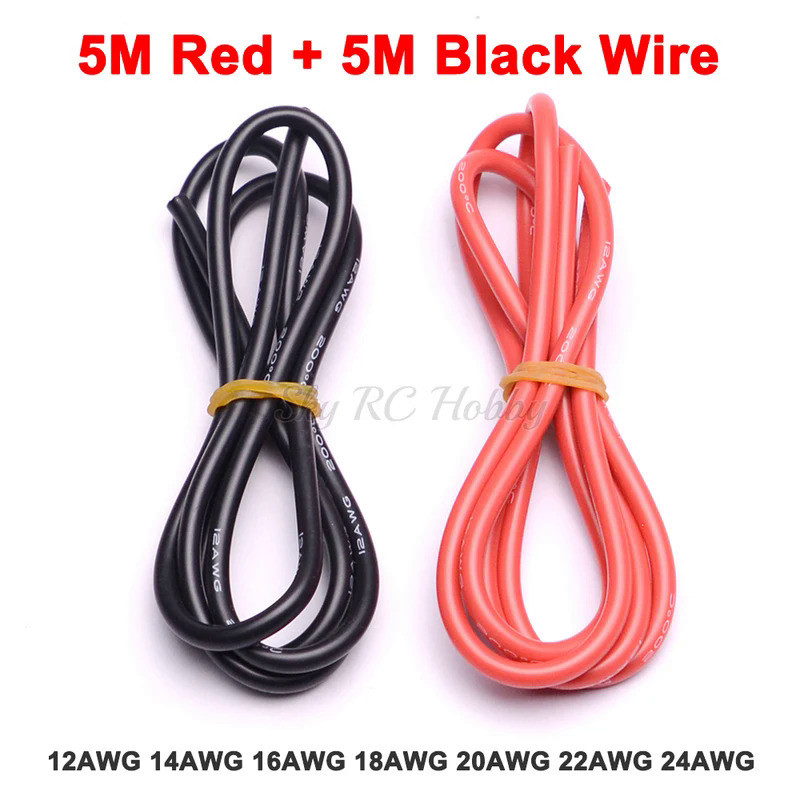 KS 5 เมตรสีแดง + 5 มิเตอร์สีดำซิลิโคนลวด 12AWG 14AWG 16AWG 18AWG 20AWG 22AWG 24AWG 12 14 16 18 AWGซิ
