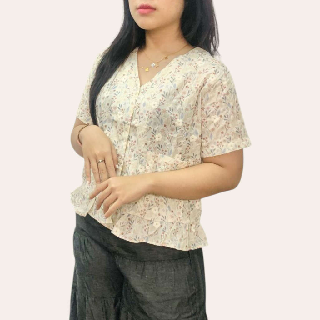 KATUN 10418 | Cotton Top No Stretch Front Button Floral Motif Cream Blue Pink Grey