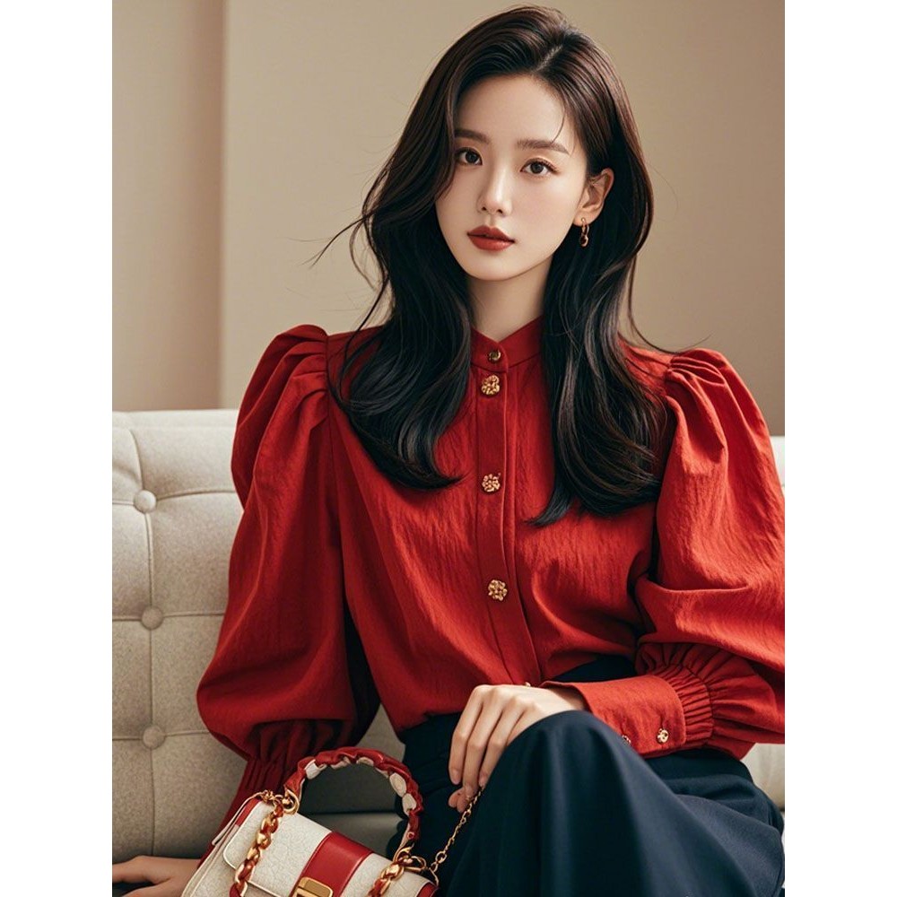 High-end Cold Top Temperament Shirt Ankola Red Wear French Red Lantern Sleeve Shirt Women