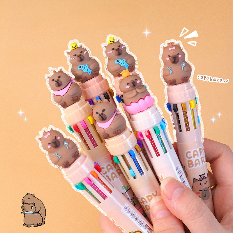 ปากกาลูกลื่นแบบกด 10 สี  ลายคาปิบาร่า อุปกรณ์การเรียน พร้อมส่ง