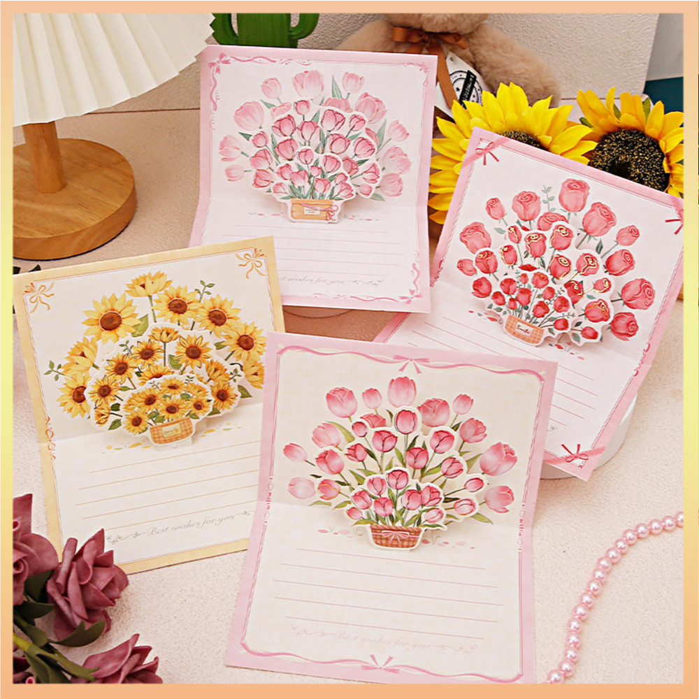 Pop-up 3D Tulips กุหลาบดอกทานตะวันช่อดอกไม้การ์ดอวยพรโปสการ์ดวันแม่ Blessings Creative Card ของขวัญสําหรับแม่