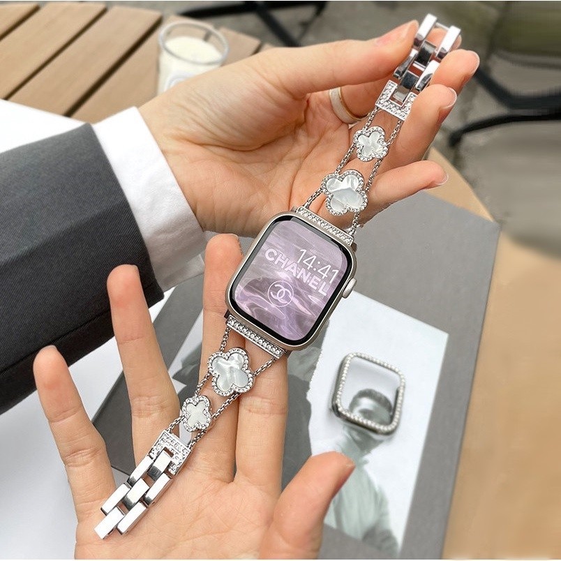 Luxury Diamond Clover Strap For Apple Watch Strap and Bling Cover For Apple Watch Case Metal  i Wat