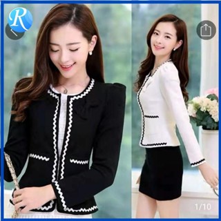 เสื้อแจ็กเก็ตสูทลําลอง แขนยาว ประดับโบว์ สีโมโนโครม สไตล์เกา…