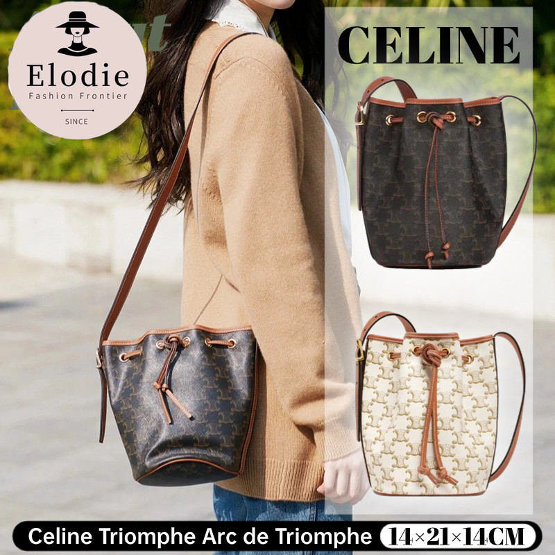 เซลีน Celine Triomphe Arc de Triomphe กระเป๋าทรงถังหูยาวแบบมีเชือกรูดขนาดเล็ก